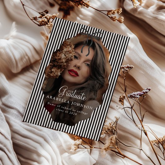 Sweet Pinstriped Black Bow Photo Graduation 案内状