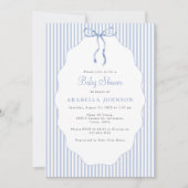 Sweet Pinstriped Blue Bow Baby Shower 招待状 (正面)