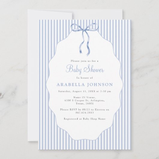 Sweet Pinstriped Blue Bow Baby Shower 招待状 (正面)