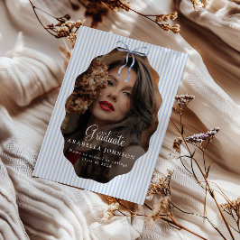 Sweet Pinstriped Blue Bow Photo Graduation 案内状