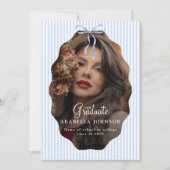 Sweet Pinstriped Blue Bow Photo Graduation 案内状 (正面)