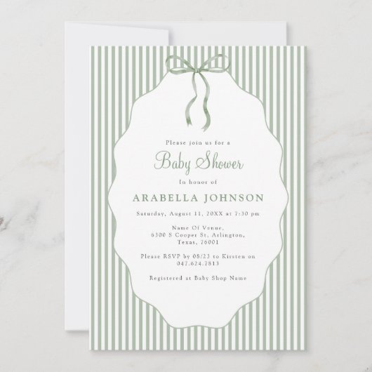 Sweet Pinstriped Green Bow Baby Shower 招待状 (正面)