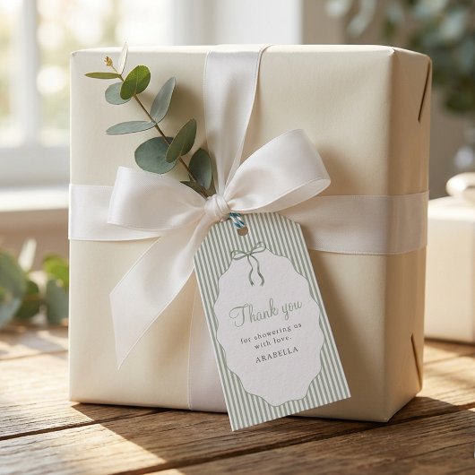 Sweet Pinstriped Green Bow Baby Shower Thank You ギフトタグ