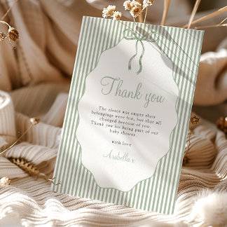 Sweet Pinstriped Green Bow Baby Shower Thank You サンキューカード