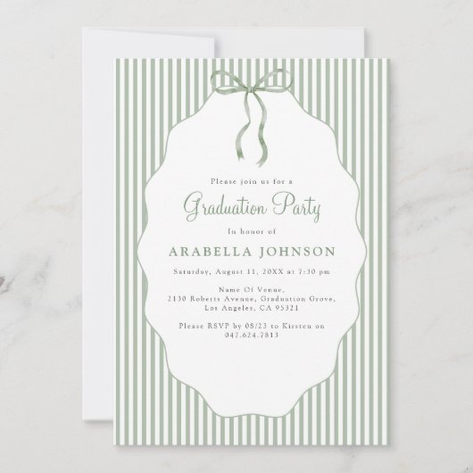 Sweet Pinstriped Green Bow Graduation 招待状 (正面)