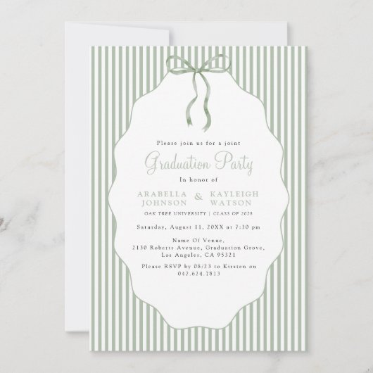 Sweet Pinstriped Green Bow Joint Graduation 招待状 (正面)