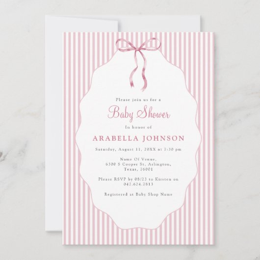 Sweet Pinstriped Pink Bow Baby Shower 招待状 (正面)