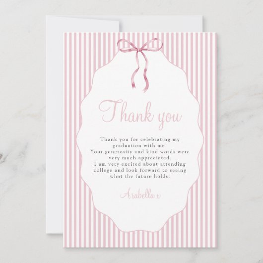 Sweet Pinstriped Pink Bow Graduation サンキューカード (正面)