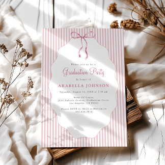 Sweet Pinstriped Pink Bow Graduation 招待状