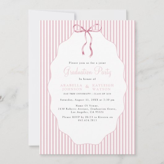 Sweet Pinstriped Pink Bow Joint Graduation 招待状 (正面)