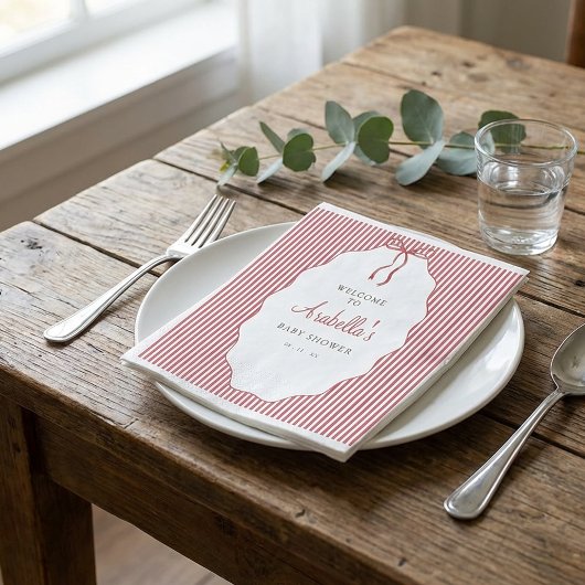 Sweet Pinstriped Red Bow Baby Shower スタンダードカクテルナプキン