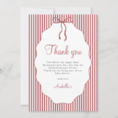 Sweet Pinstriped Red Bow Baby Shower Thank You サンキューカード (正面)