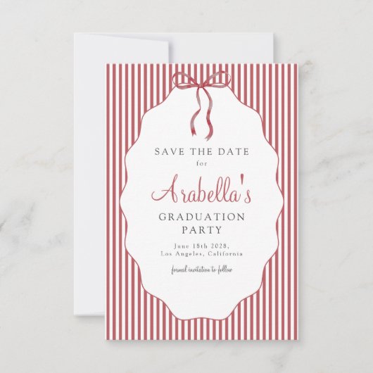 Sweet Pinstriped Red Bow Graduation セーブザデート (正面)