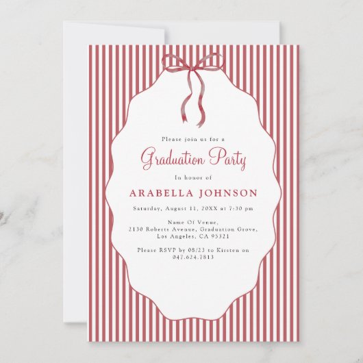 Sweet Pinstriped Red Bow Graduation 招待状 (正面)
