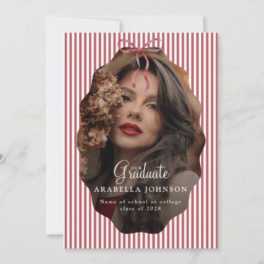 Sweet Pinstriped Red Bow Photo Graduation 案内状 (正面)