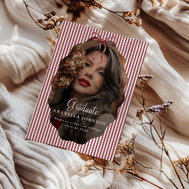 Sweet Pinstriped Red Bow Photo Graduation 案内状