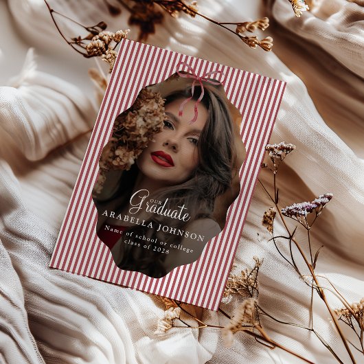 Sweet Pinstriped Red Bow Photo Graduation 案内状