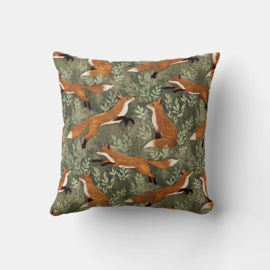 Sweet Playful Foxes in Rust Brown on Olive Green クッション (裏面)
