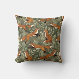 Sweet Playful Foxes in Rust Brown on Olive Green クッション