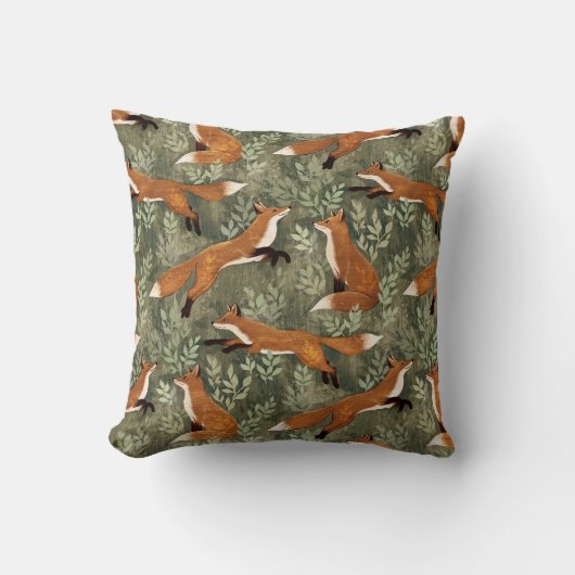 Sweet Playful Foxes in Rust Brown on Olive Green クッション (正面)