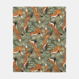 Sweet Playful Foxes in Rust Brown on Olive Green フリースブランケット