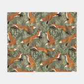 Sweet Playful Foxes in Rust Brown on Olive Green フリースブランケット (正面(横))
