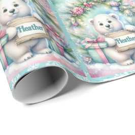 Sweet Polar Bear Personalize Name Christmas Roll  ラッピングペーパー