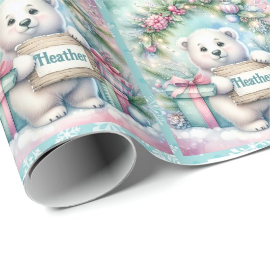 Sweet Polar Bear Personalize Name Christmas Roll ラッピングペーパー (ロールコーナー)