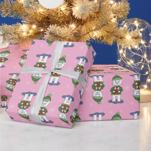 Sweet Polar Bear With Gifts Pink Wrapping Paper ラッピングペーパー (クリスマス)