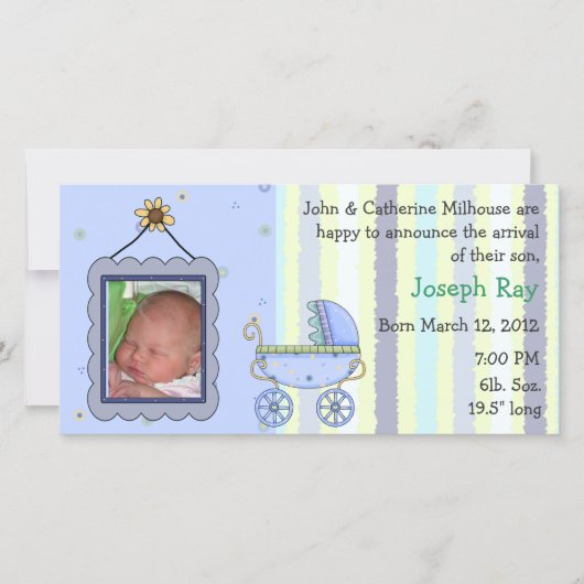 Sweet Pram Boy Birth Announcement Photo Card 案内状 (正面)