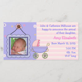 Sweet Pram Girl Birth Announcement Photo Card 案内状