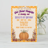 Sweet Pumpkin One, Orange Floral 1st Birthday 招待状 (スタンド正面)
