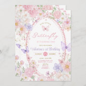 Sweet Purple Pink Our Little Butterfly Birthday 招待状 (正面/裏面)