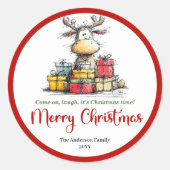 Sweet quirky reindeer fun holiday sticker label ラウンドシール (正面)