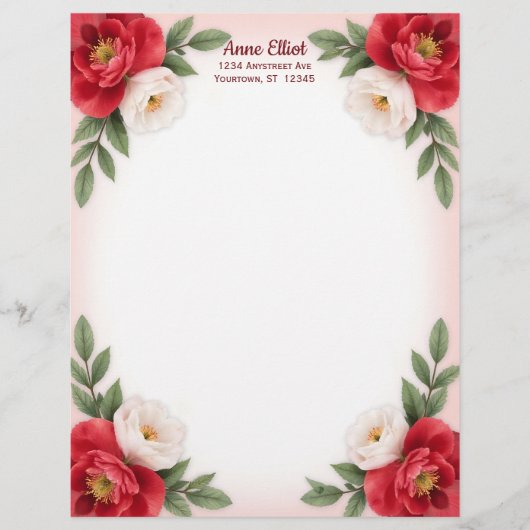 Sweet Red and White Flowers Stationery Paper レターヘッド (正面)
