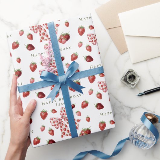 Sweet Red Strawberry Pink Bow Cute Birthday ラッピングペーパー (ギフト)