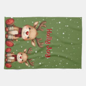Sweet Reindeer Pair in Holiday Snowfall キッチンタオル (横)