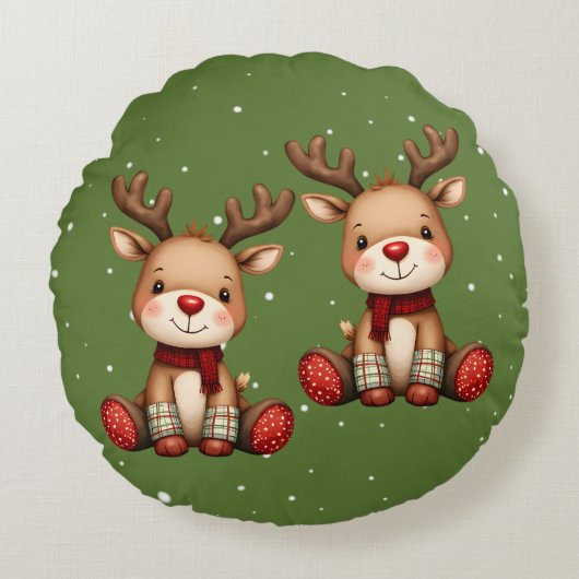 Sweet Reindeer Pair in Holiday Snowfall ラウンドクッション (正面)