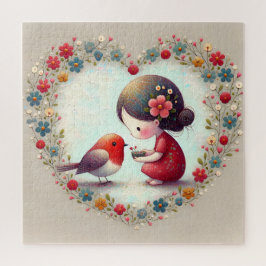 Sweet Robin and Little Girl Floral Heart ジグソーパズル