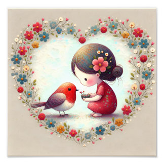 Sweet Robin and Little Girl Floral Heart フォトプリント