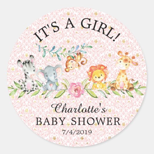 Sweet Safari Animals It'a Girl Friends Sticker ラウンドシール (正面)