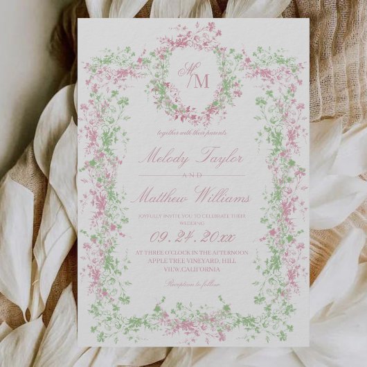 Sweet Sage Green & Blush  Floral Crest Wedding 招待状