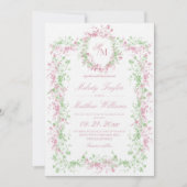 Sweet Sage Green & Blush  Floral Crest Wedding 招待状 (正面)