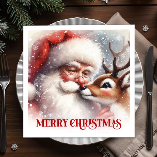 Sweet Santa Rudolph Holiday Christmas Napkins Set スタンダードカクテルナプキン