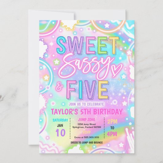 Sweet Sassy And Five Neon Rainbow 5th Birthday 招待状 (正面)
