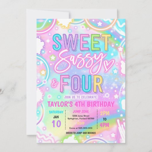 Sweet Sassy And Four Neon Rainbow 4th Birthday 招待状 (正面)