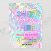 Sweet Sassy And Four Neon Rainbow 4th Birthday 招待状 (正面/裏面)