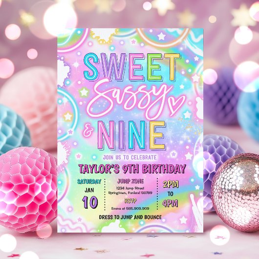 Sweet Sassy And Nine Neon Rainbow 9th Birthday 招待状