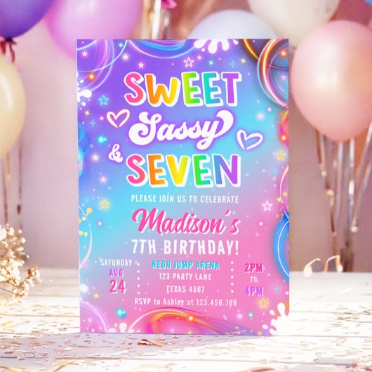 Sweet Sassy and Seven ネオン ガール 7歳の誕生日 招待状