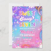 Sweet Sassy and Seven ネオン ガール 7歳の誕生日 招待状 (正面)